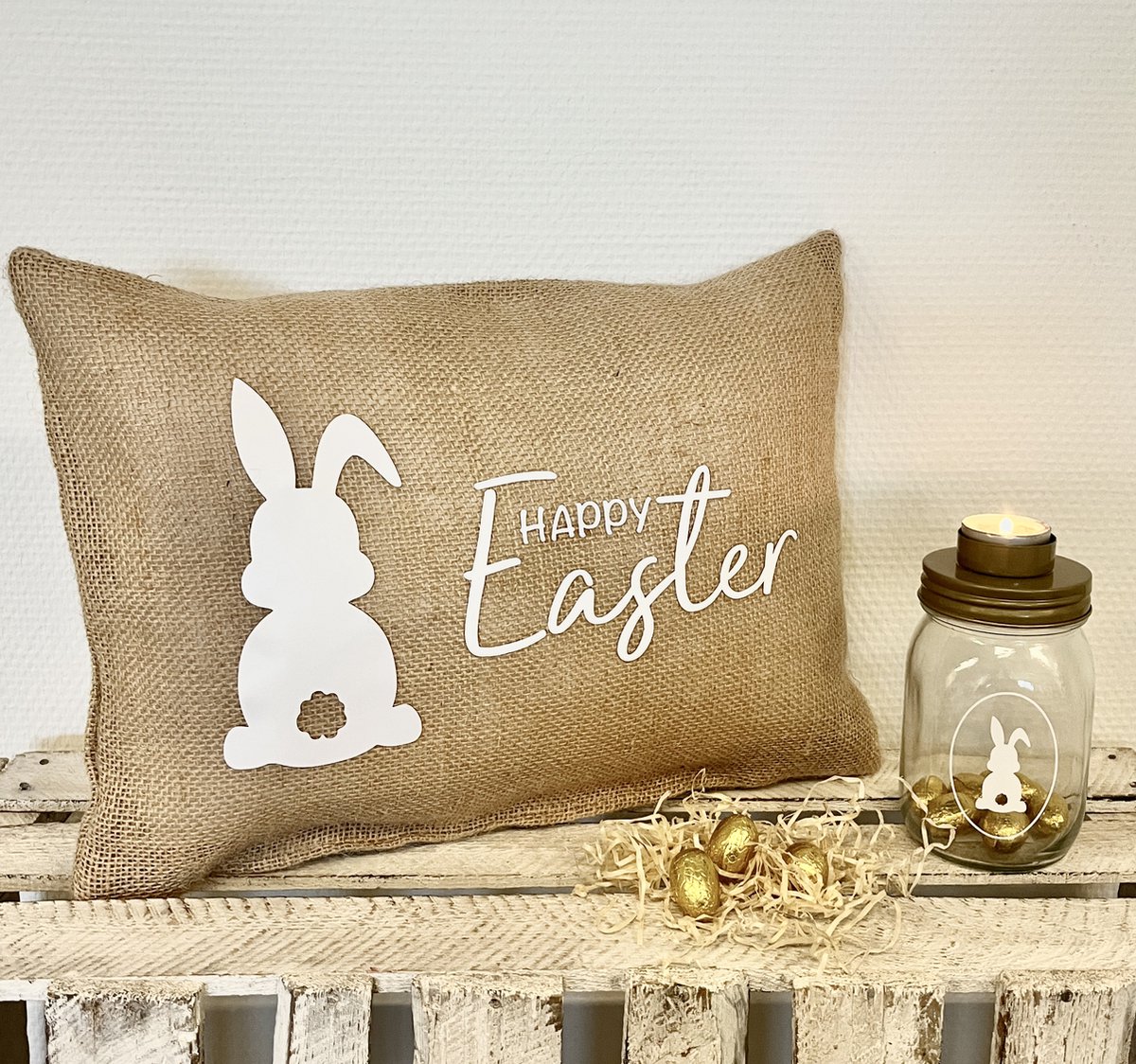 Paasdecoratie set | Jute Kussen en Theelichthouder | Happy Easter | Paasversiering